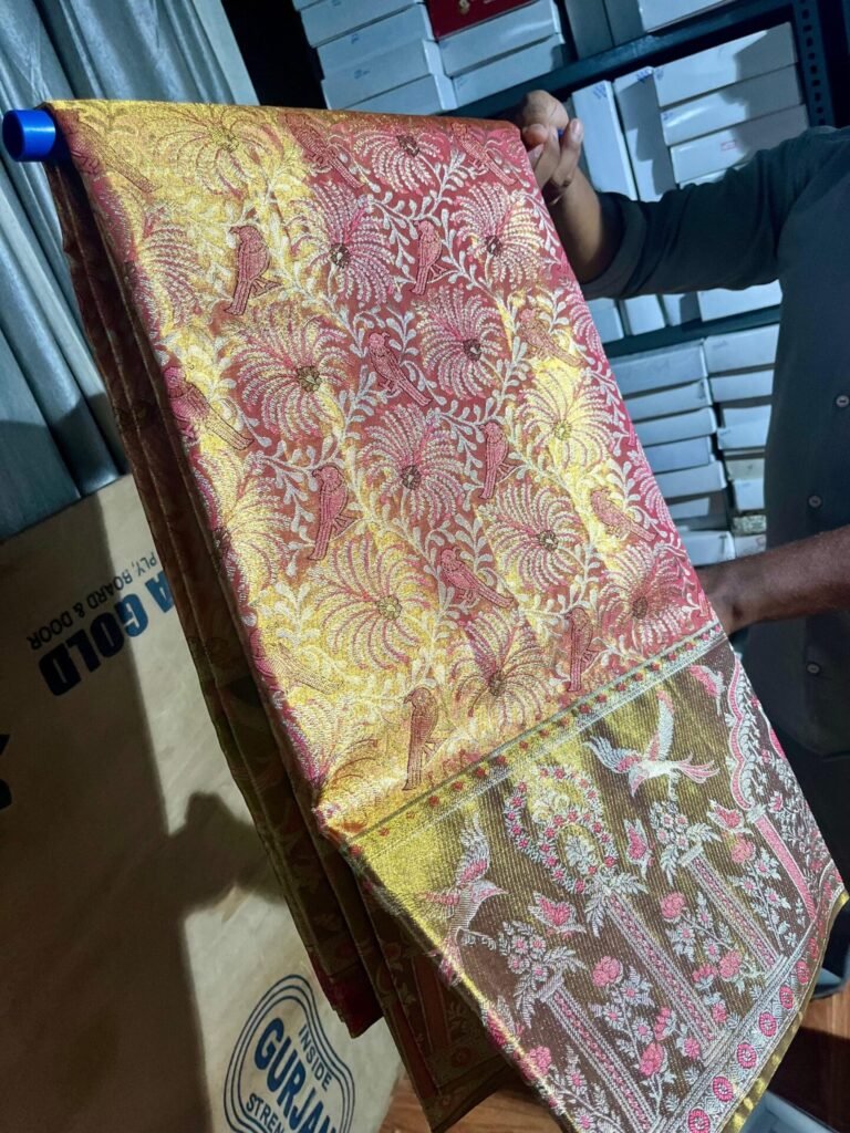 Pure Kanchipuram tissue saree in rose pink and gold with meenakari brocade bird and floral motifs