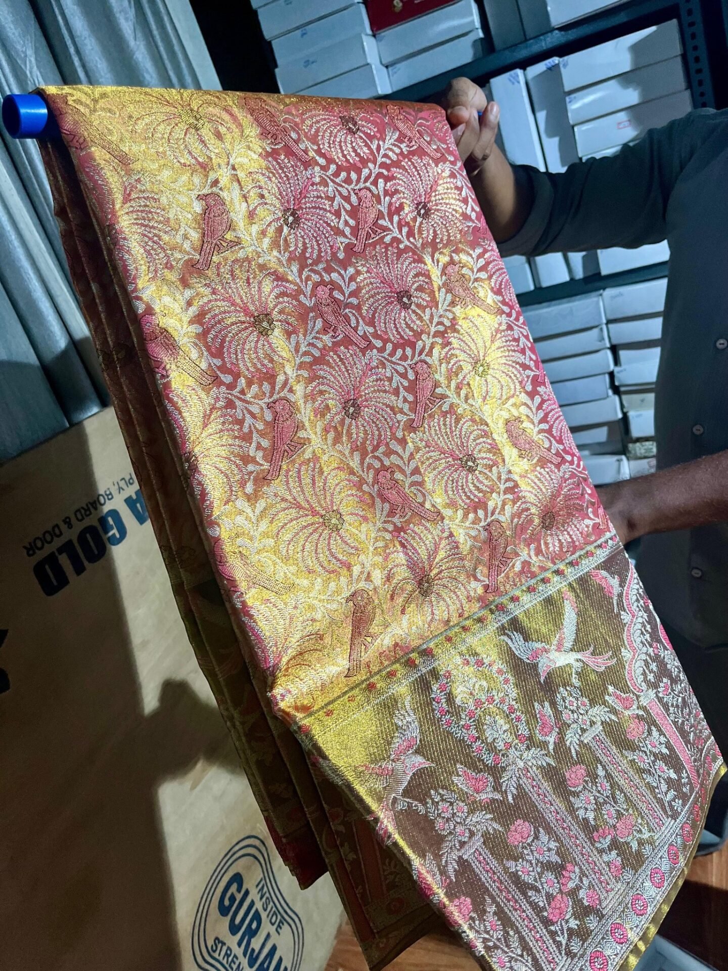 Pure Kanchipuram Tissue Edge-to-Edge Meenakari Brocade Saree – Rose Pink and Gold 1 Pure Kanchipuram tissue saree in rose pink and gold with meenakari brocade bird and floral motifs