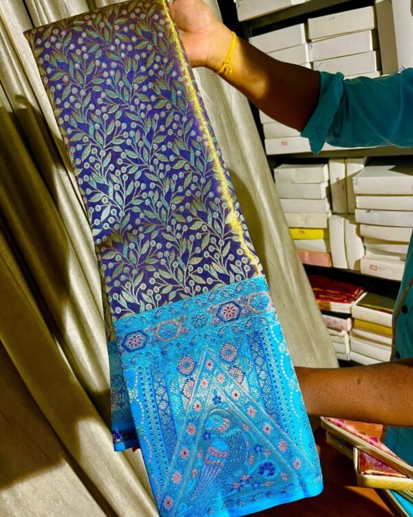 Pure Kanchipuram Resham warp royal blue saree with floral meenakari and turquoise blue border