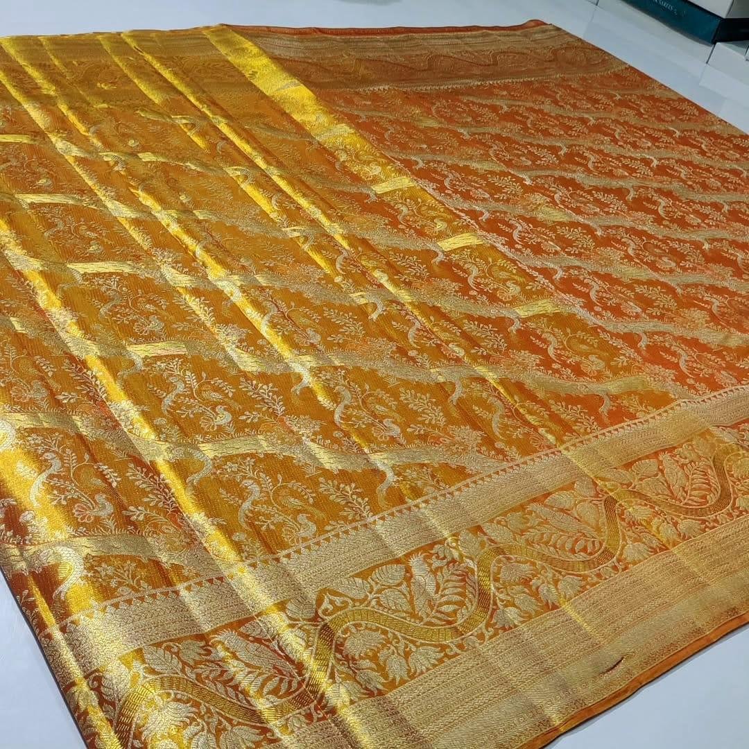 Pure Kanchipattu Tissue Silver and Gold Zari Brocade Saree – Orange 3 Pure Kanchipattu tissue orange saree silver and gold zari animal floral brocade detail