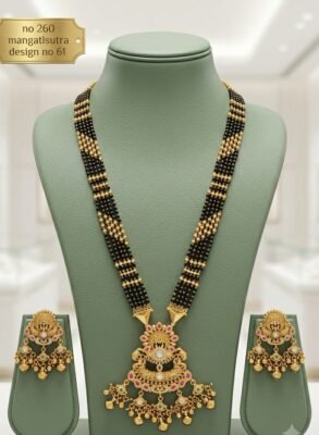 Antique black bead mangalsutra set Temple Crescent Temple-inspired crescent pendant with pink, green and white accents and hanging leaf details.