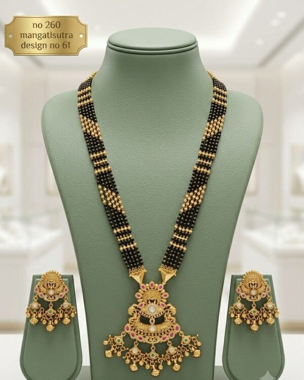 Antique black bead mangalsutra set Temple Crescent Temple-inspired crescent pendant with pink, green and white accents and hanging leaf details.
