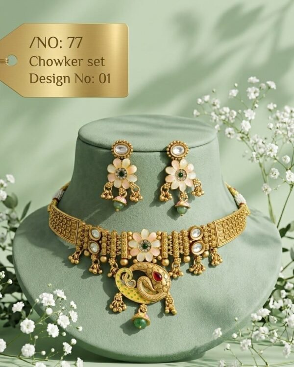 Antique designer choker set Peacock Floral Gold-tone peacock pendant, pastel flower, white highlights and green bead drops.