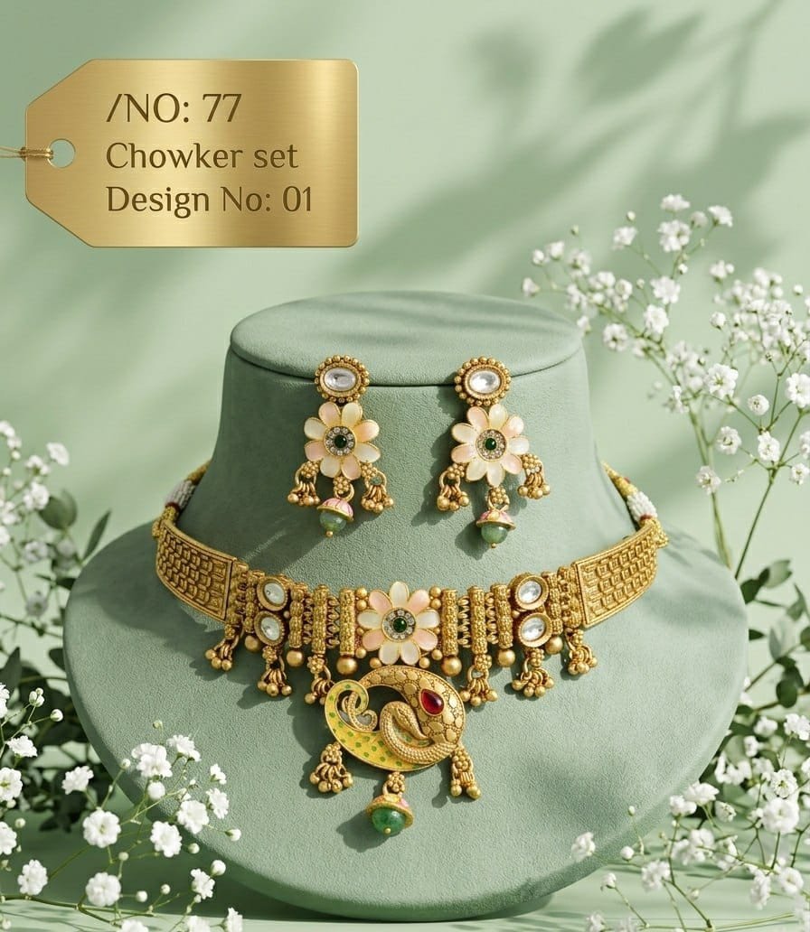 Antique Designer Choker Set with Earrings 1 Antique designer choker set Peacock Floral Gold-tone peacock pendant, pastel flower, white highlights and green bead drops.
