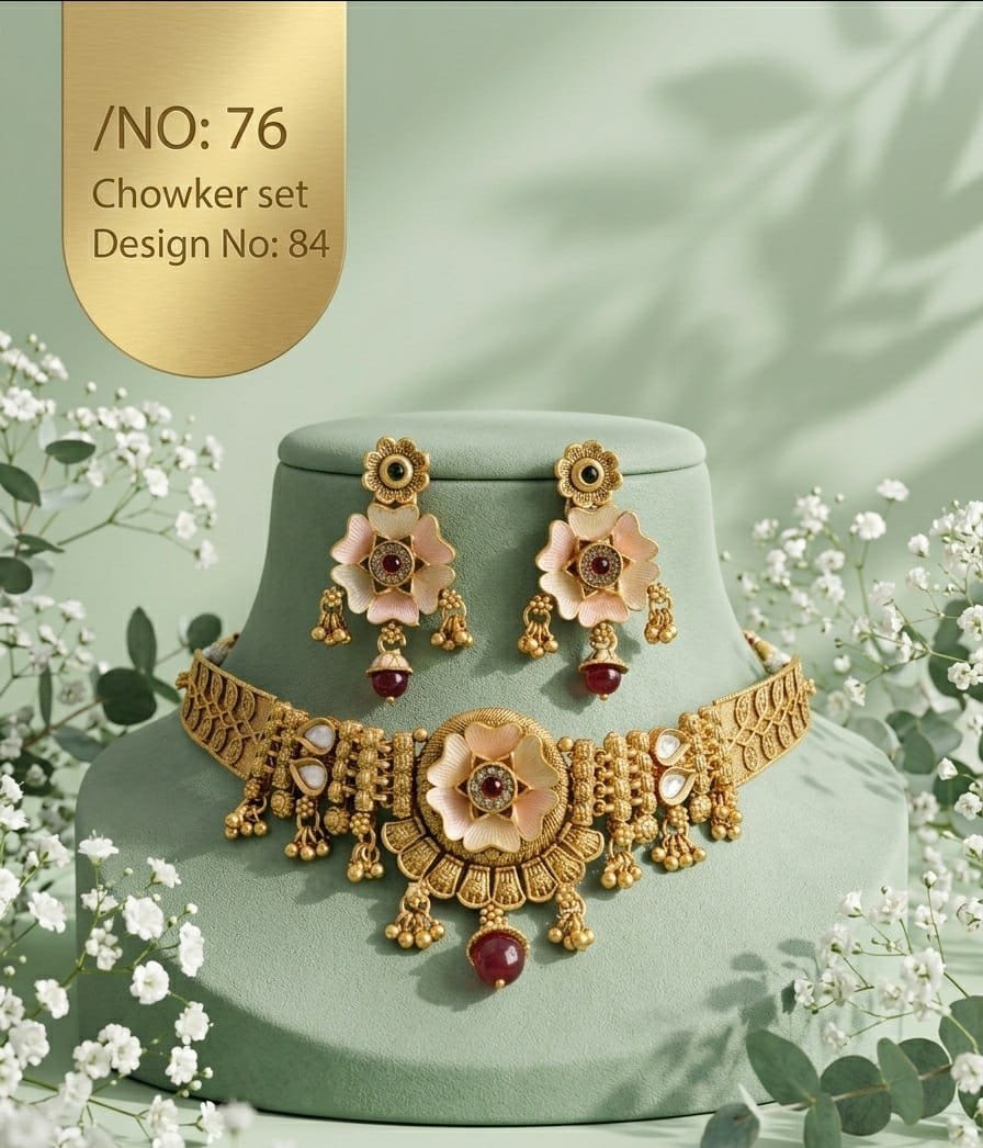 Antique Designer Choker Set with Earrings 2 Antique designer choker set Pastel Floral Red Pastel flower centre with white highlights and deep red bead drops.