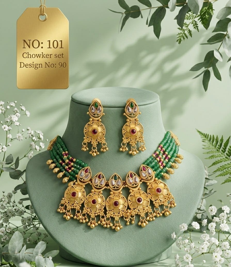 Antique Designer Choker Set with Earrings 3 Antique designer choker set Green Bead Floral Green bead strands with gold-tone flower pendants and red, green and white accents.