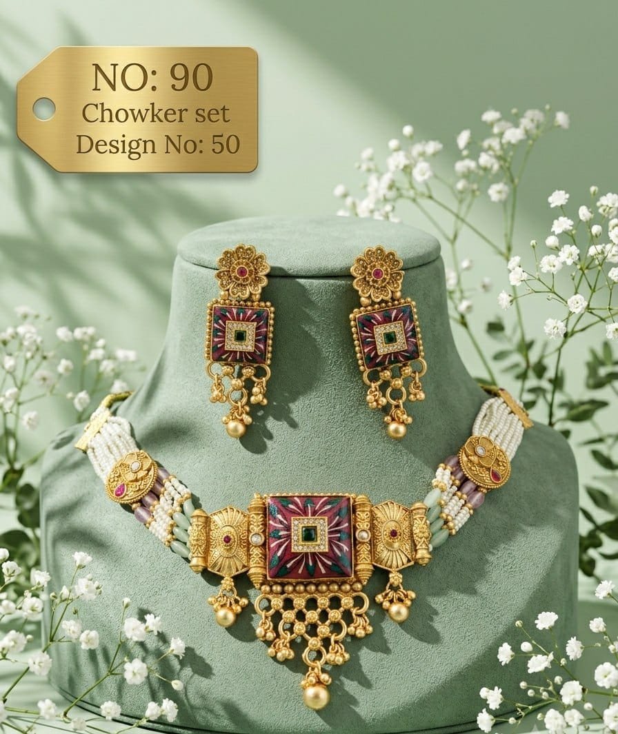 Antique Designer Choker Set with Earrings 4 Antique designer choker set Square Enamel Square multicolour enamel centre with white bead strands and pastel bead accents.