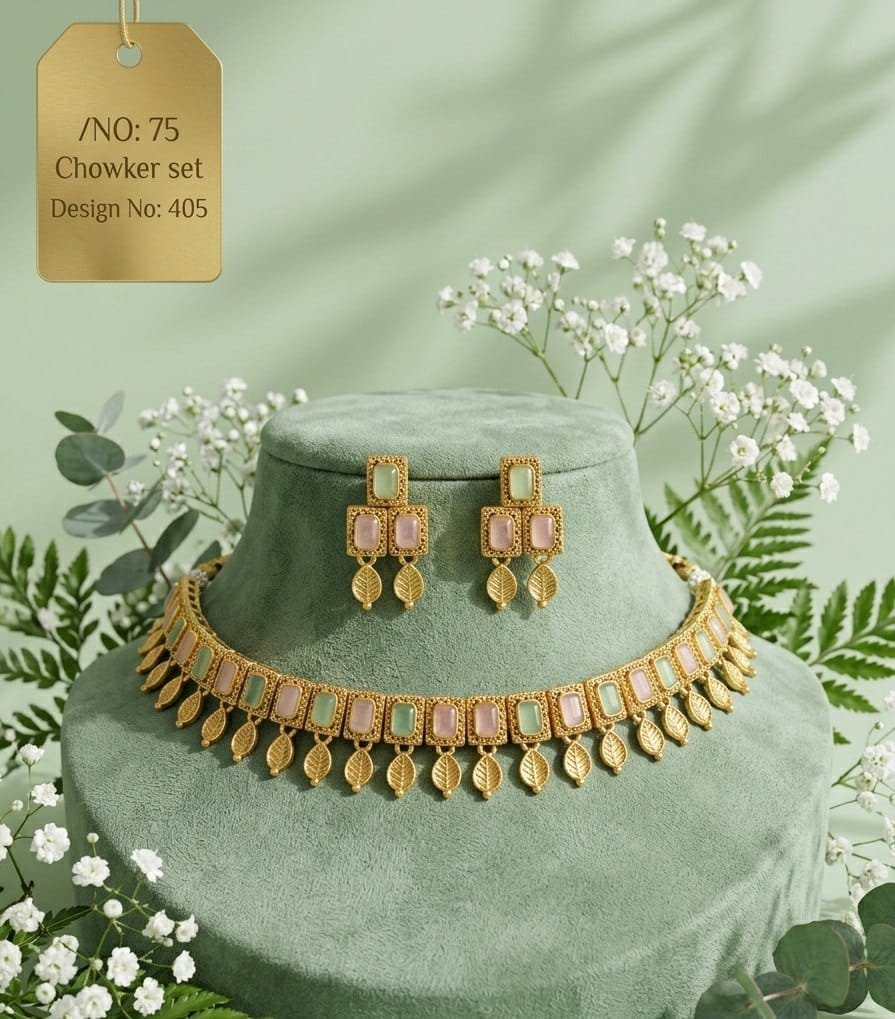 Antique Designer Choker Set with Earrings 5 Antique designer choker set Pastel Leaf Mint and pink rectangular accents edged with gold-tone leaf drops.