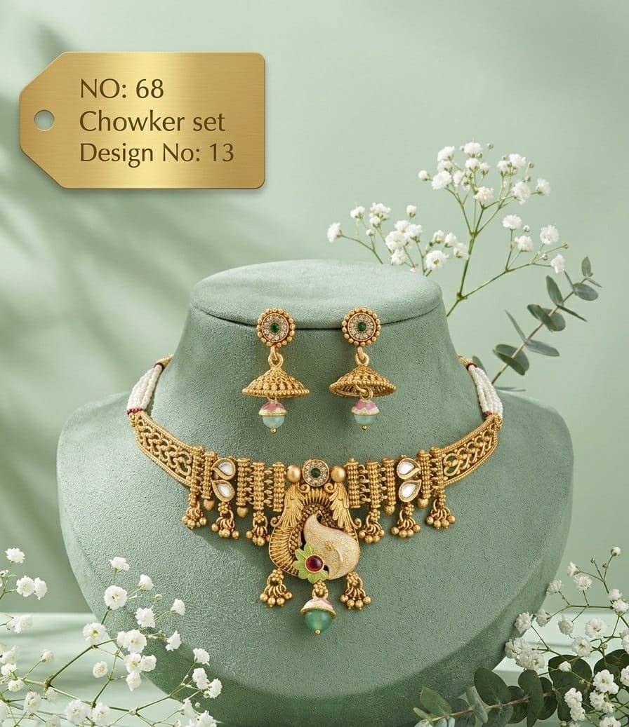 Antique Designer Choker Set with Earrings 6 Antique designer choker set Peacock Jhumka Peacock centre with green drop and matching jhumka earrings.