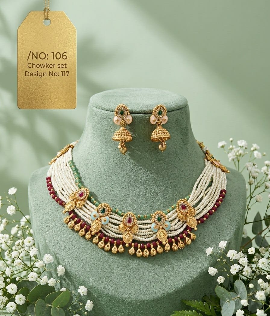 Antique Designer Choker Set with Earrings 7 Antique designer choker set White Bead Leaf White bead strands with gold-tone leaf details, red and green beads and jhumka earrings.