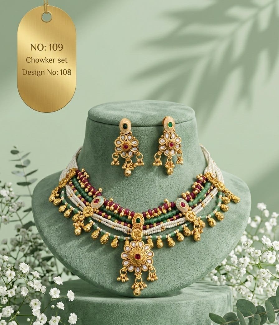 Antique Designer Choker Set with Earrings 8 Antique designer choker set Multicolour Daisy Layered white, green and burgundy bead strands with a daisy-shaped central pendant.