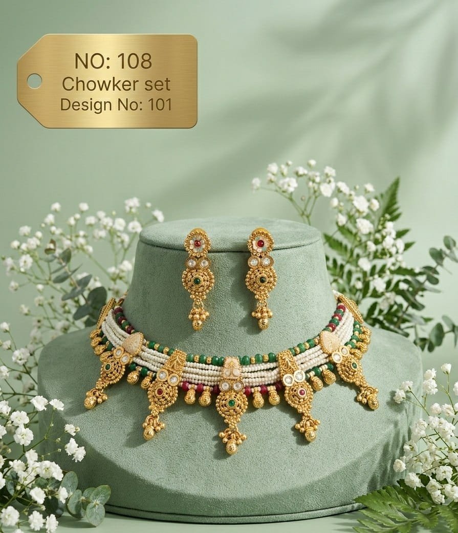 Antique Designer Choker Set with Earrings 9 Antique designer choker set White Bead Medallion White bead strands with multiple round medallions, red and green highlights.