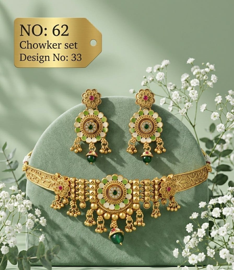 Antique Designer Choker Set with Earrings 10 Antique designer choker set Floral Green Drop Green and cream floral medallion with green bead drops and matching earrings.