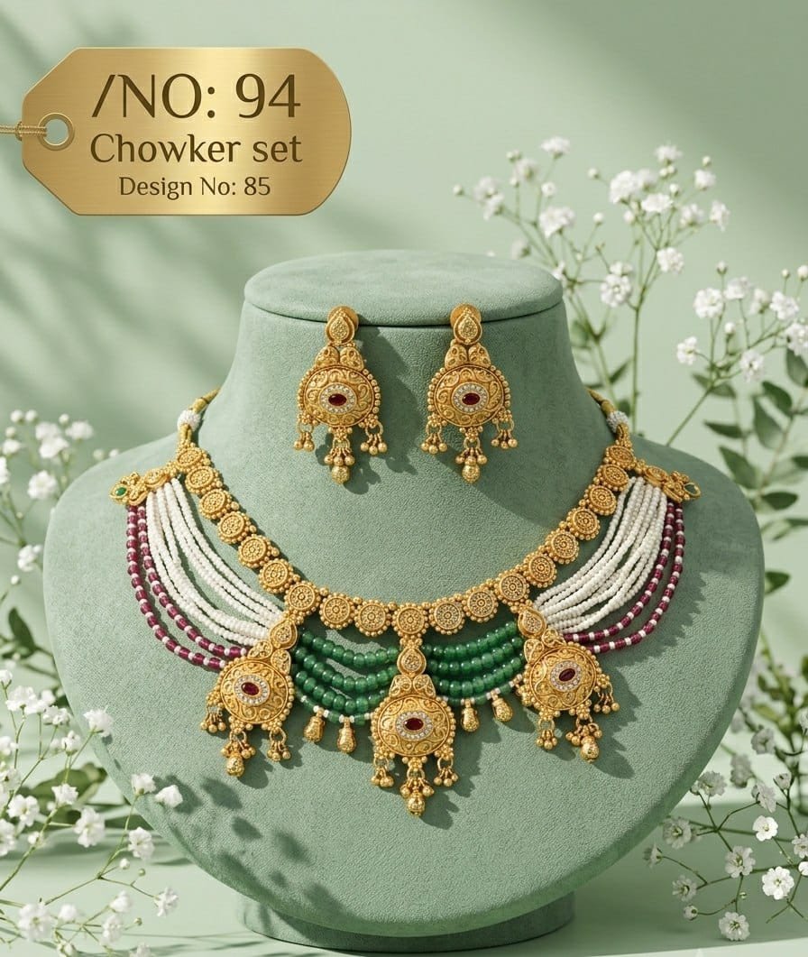 Antique Designer Choker Set with Earrings 11 Antique designer choker set Layered Round Pendants Layered white, green and burgundy beads with three round hanging pendants.