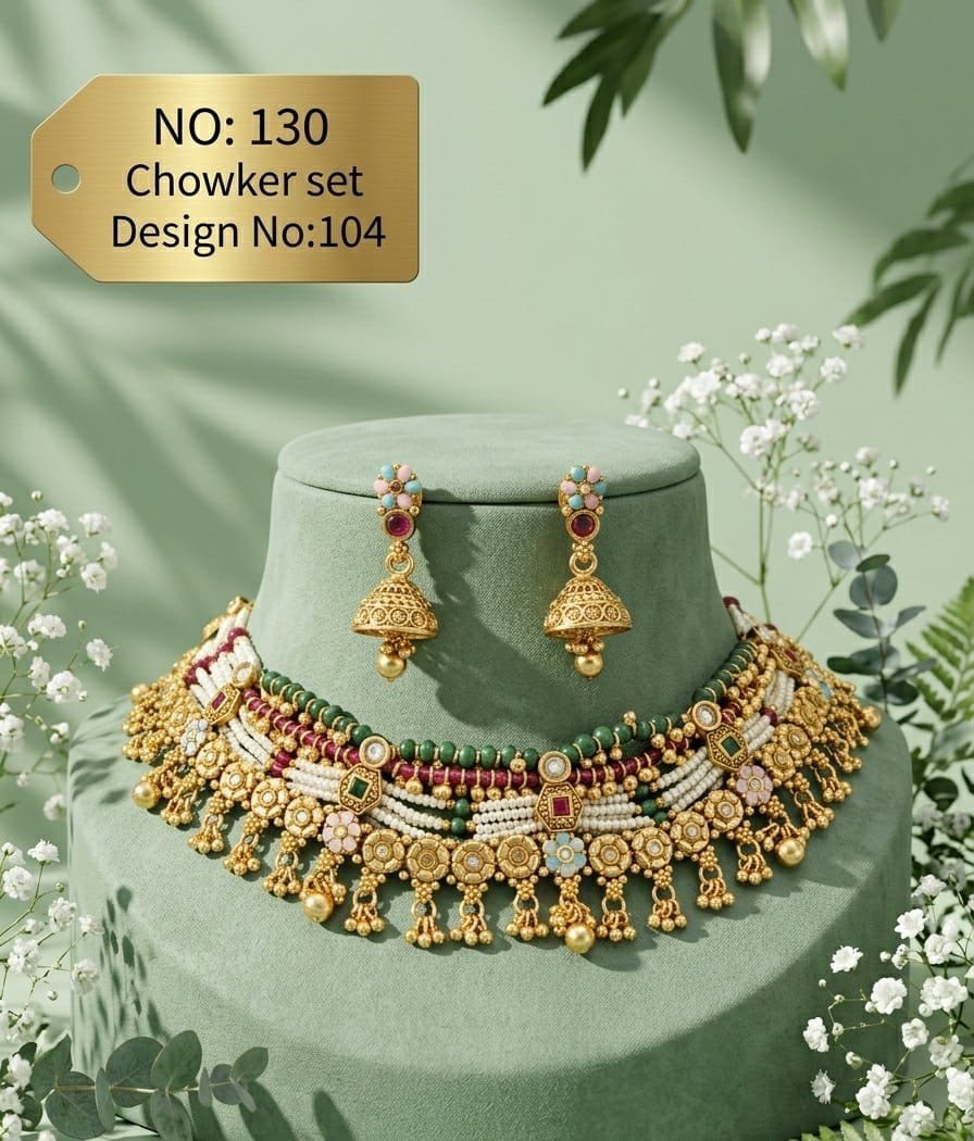 Antique Designer Choker Set with Earrings 12 Antique designer choker set Ornate Bead Fringe Ornate gold-tone fringe with layered white, green and burgundy beads and pastel accents.