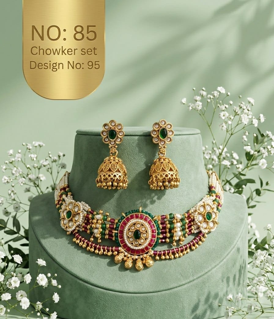 Antique Designer Choker Set with Earrings 13 Antique designer choker set Ruby Medallion Jhumka Ruby-pink round centre, white highlights and green accents with jhumka earrings.