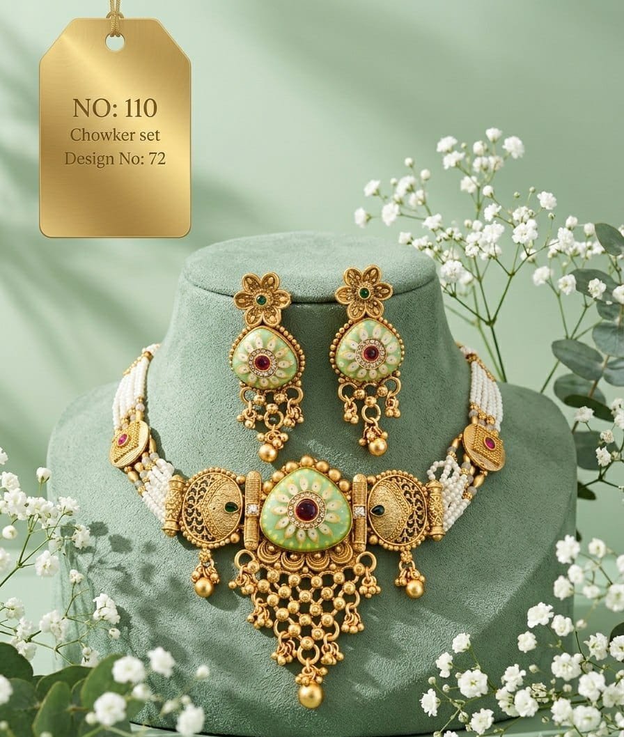 Antique Designer Choker Set with Earrings 14 Antique designer choker set Mint Enamel Teardrop Mint enamel teardrop centre with white bead strands and gold-tone cascading fringe.