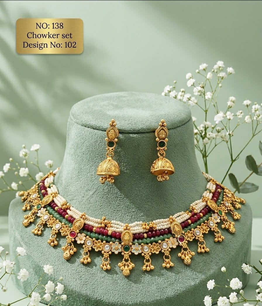Antique Designer Choker Set with Earrings 15 Antique designer choker set Temple Bead Jhumka Temple-inspired coin motifs with white, green and burgundy bead strands and jhumka earrings.