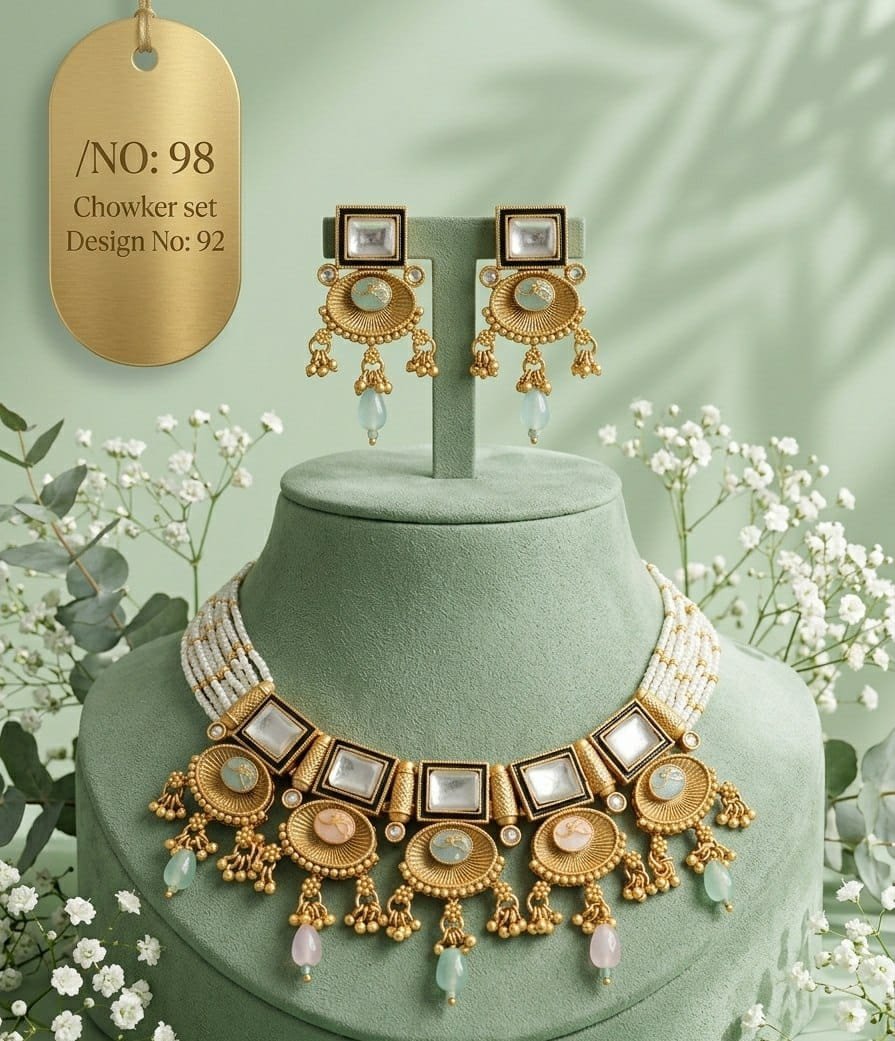 Antique Designer Choker Set with Earrings 16 Antique designer choker set Pastel Square Drops White bead strands with square white highlights and pastel pink and mint drop accents.
