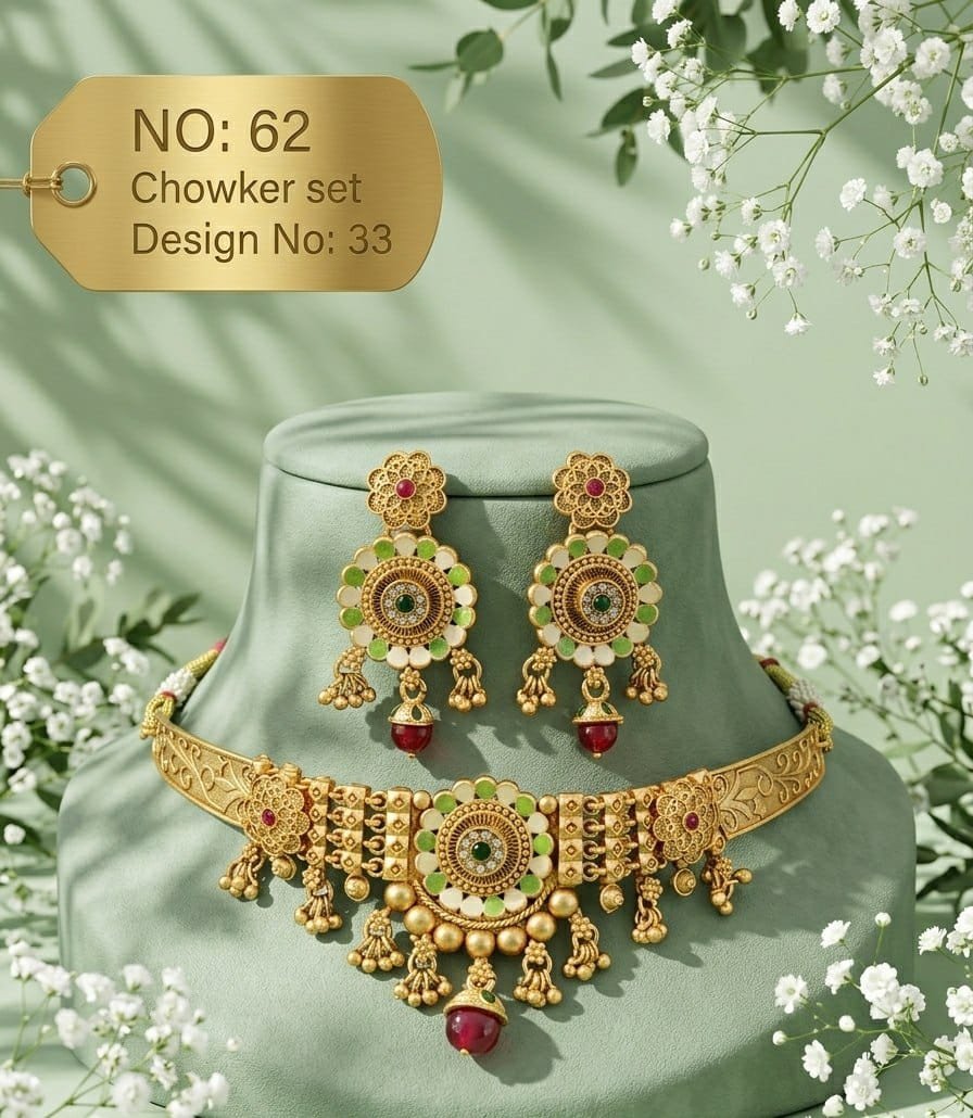 Antique Designer Choker Set with Earrings 17 Antique designer choker set Floral Red Drop Green and cream floral medallion with red bead drops and matching earrings.
