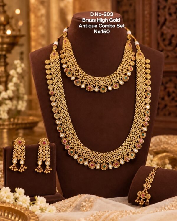 Brass antique layered necklace set Antique gold lattice links with red, green and white decorative accents.