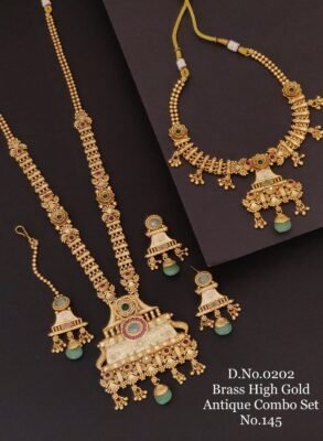Brass antique combo jewellery set 0202 Floral and fan motifs with pastel enamel panels and mint green bead drops.