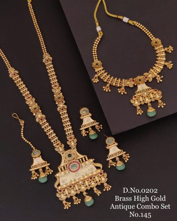 Brass antique combo jewellery set 0202 Floral and fan motifs with pastel enamel panels and mint green bead drops.