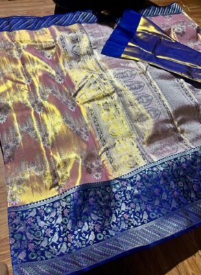 Pure Kanchipuram Floral Meenakari Silk Saree – Rose Pink and Royal Blue 5 Pure Kanchipuram floral meenakari silk saree in rose pink and gold with royal blue border and ornate pallu