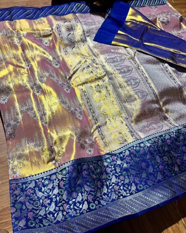 Pure Kanchipuram floral meenakari silk saree in rose pink and gold with royal blue border and ornate pallu