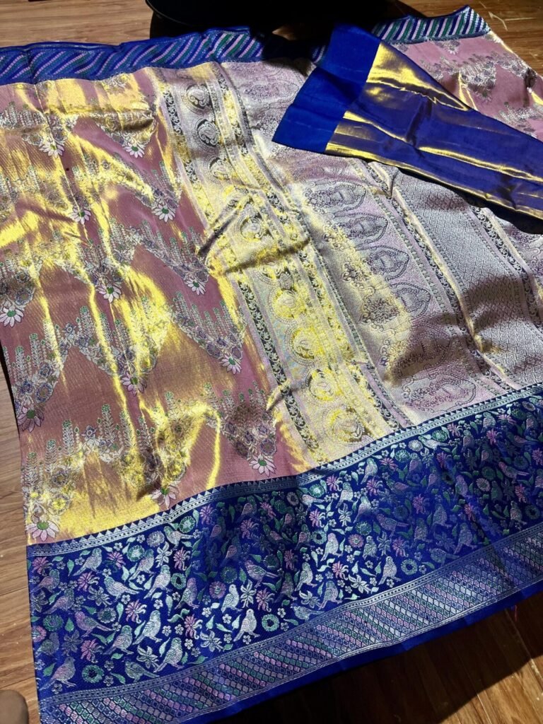 Pure Kanchipuram Floral Meenakari Silk Saree – Rose Pink and Royal Blue 15 Pure Kanchipuram floral meenakari silk saree in rose pink and gold with royal blue border and ornate pallu