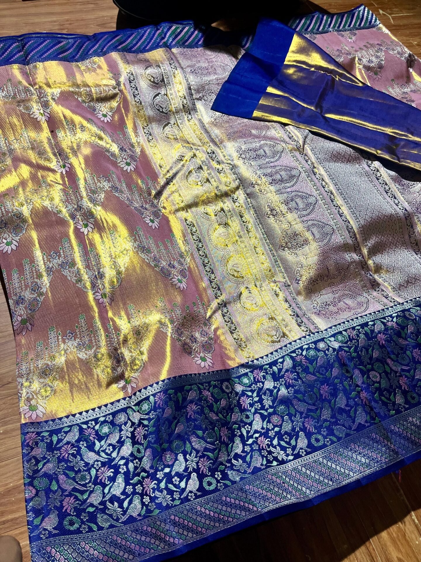 Pure Kanchipuram Floral Meenakari Silk Saree – Rose Pink and Royal Blue 1 Pure Kanchipuram floral meenakari silk saree in rose pink and gold with royal blue border and ornate pallu