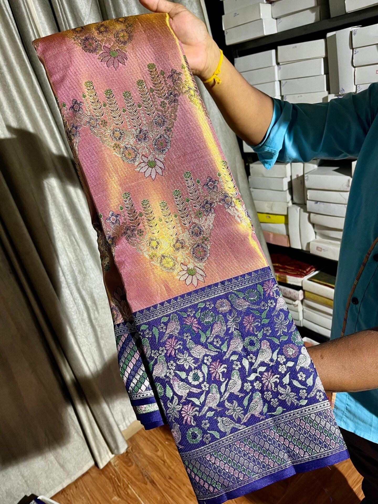 Pure Kanchipuram Floral Meenakari Silk Saree – Rose Pink and Royal Blue 2 Pure Kanchipuram floral meenakari silk saree in rose pink with royal blue bird and floral border