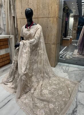 Champagne Beige Floral Embellished Party Wear Saree 2 Champagne Floral Saree Full Drape – floral embellished party wear saree in champagne beige with ivory detailing