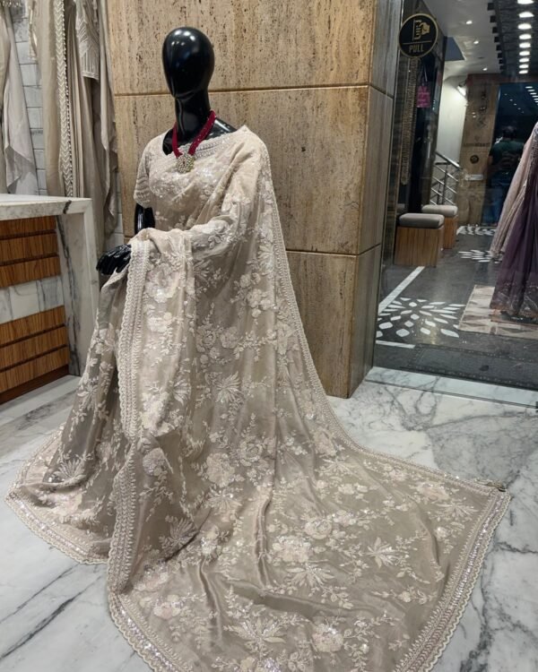 Champagne Floral Saree Full Drape – floral embellished party wear saree in champagne beige with ivory detailing