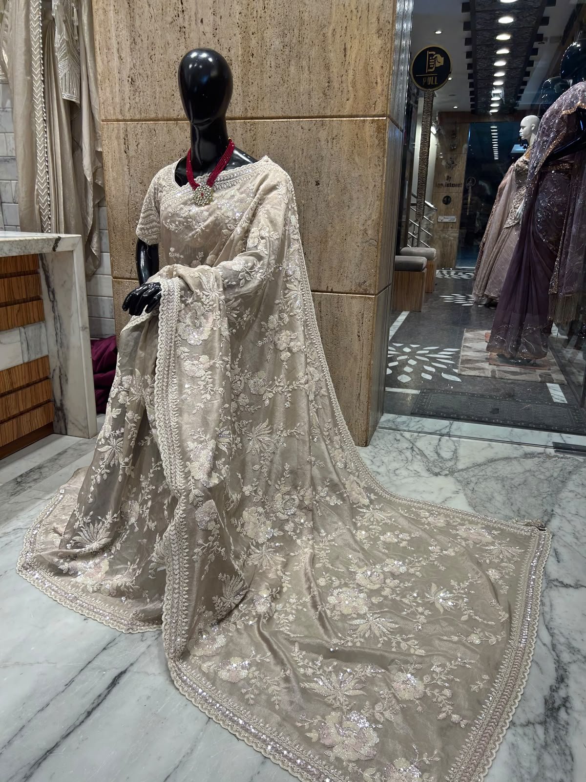 Champagne Beige Floral Embellished Party Wear Saree 6 Champagne Floral Saree Front View – floral embellished party wear saree in champagne beige with ivory detailing