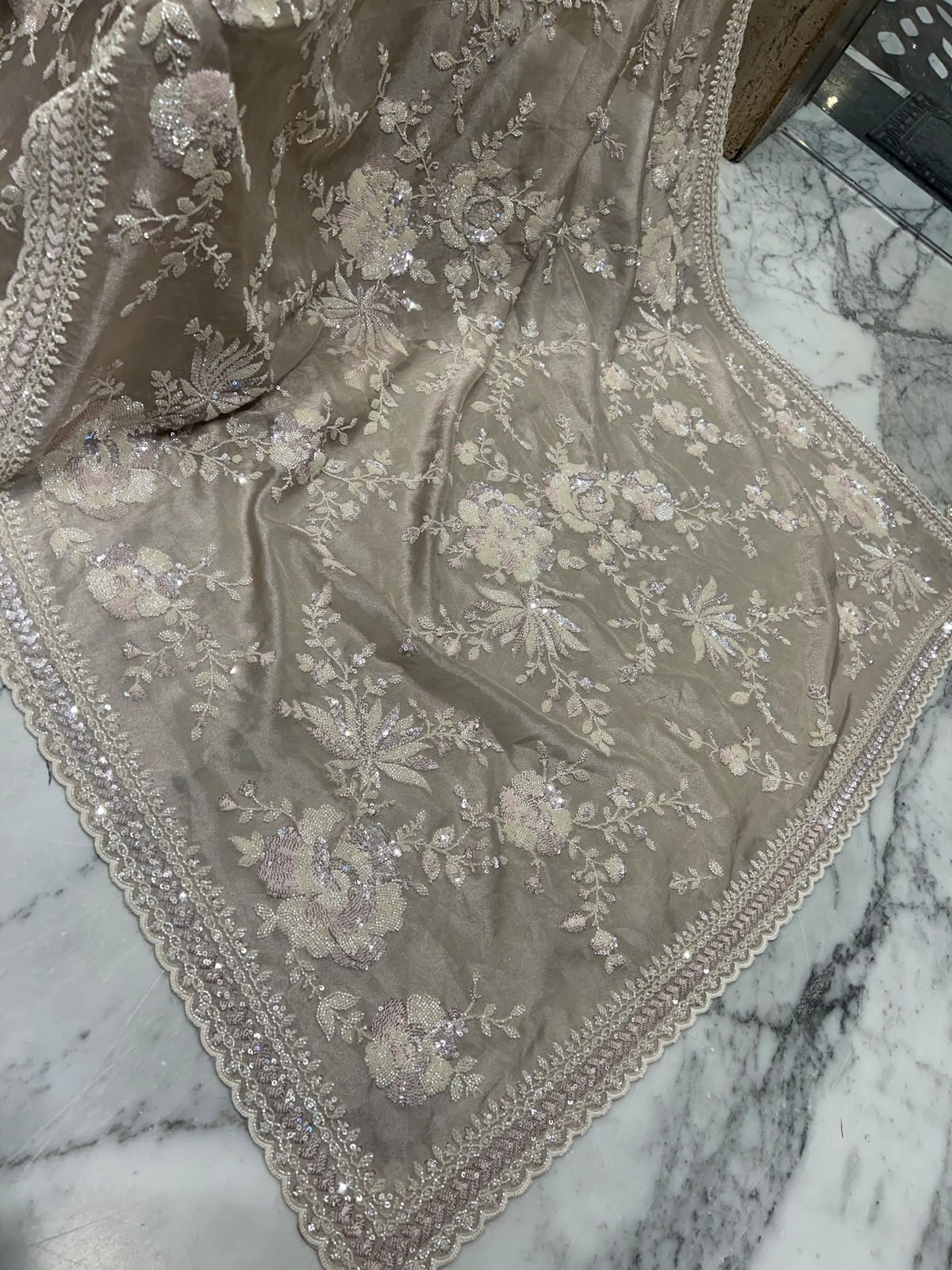 Champagne Beige Floral Embellished Party Wear Saree 5 Champagne Floral Saree Scalloped Border – floral embellished party wear saree in champagne beige with ivory detailing