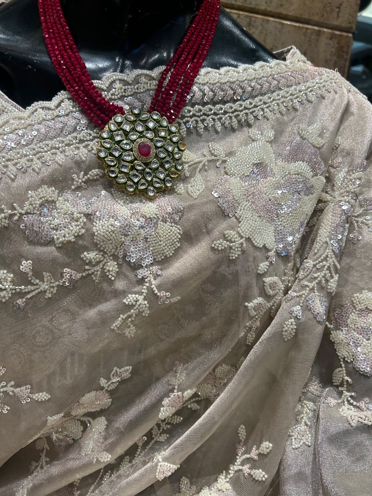 Champagne Beige Floral Embellished Party Wear Saree 4 Champagne Floral Saree Embroidery Close-up – floral embellished party wear saree in champagne beige with ivory detailing
