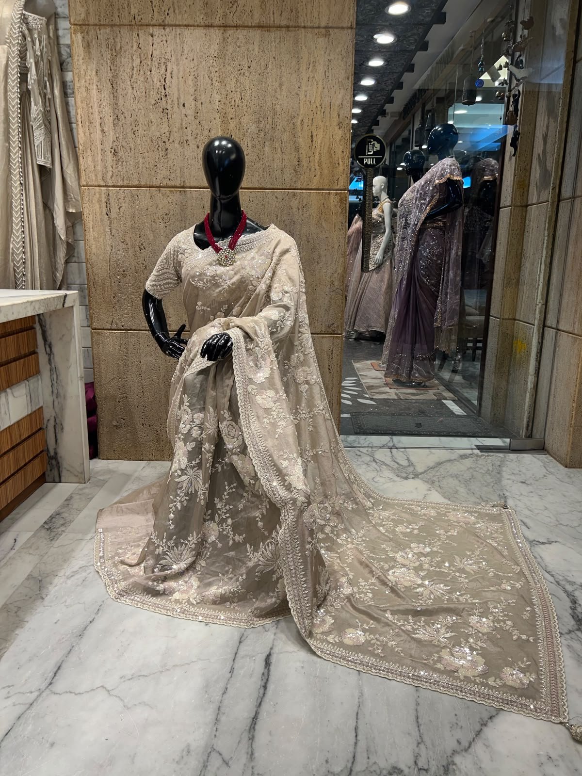 Champagne Beige Floral Embellished Party Wear Saree 3 Champagne Floral Saree Full Front – floral embellished party wear saree in champagne beige with ivory detailing