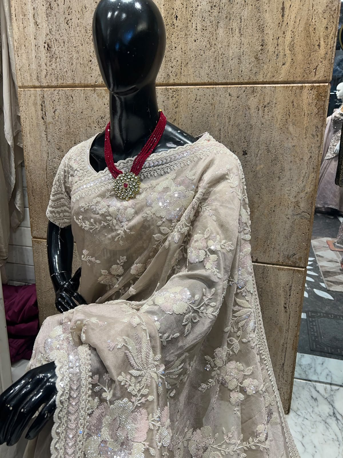 Champagne Beige Floral Embellished Party Wear Saree 2 Champagne Floral Saree Upper Drape – floral embellished party wear saree in champagne beige with ivory detailing