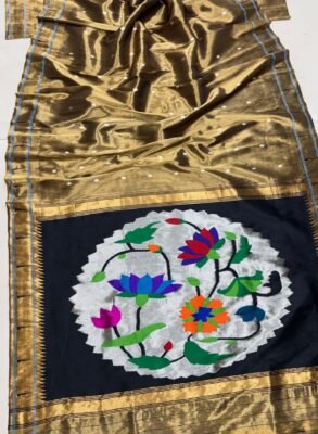 Single Munia Tissue Paithani pure silk saree in antique gold and black with floral pallu