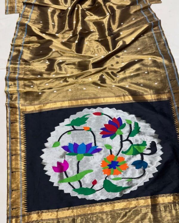 Single Munia Tissue Paithani pure silk saree in antique gold and black with floral pallu