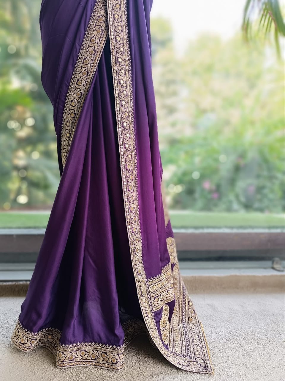 Purple Party Wear Saree with Ornate Gold-Tone Border 2 Purple party wear saree gold-tone border and pallu detail