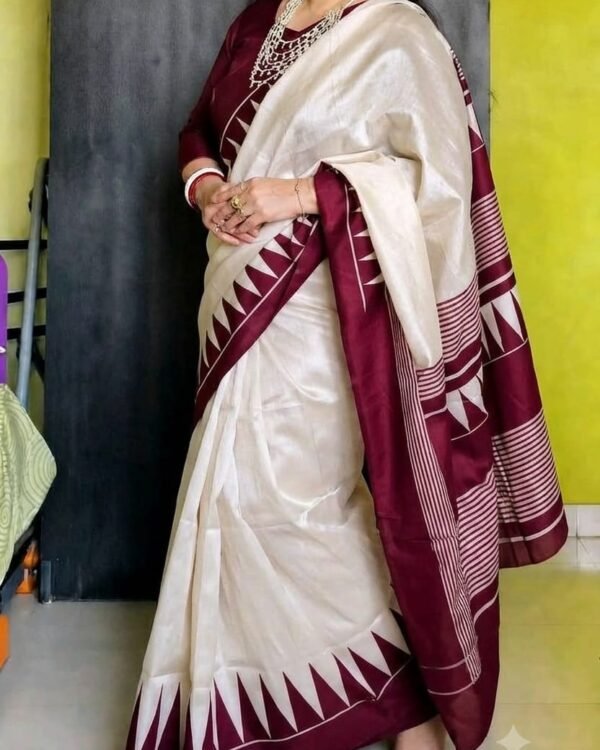 Bishnupuri handloom pure silk hand printed saree Cream and Maroon