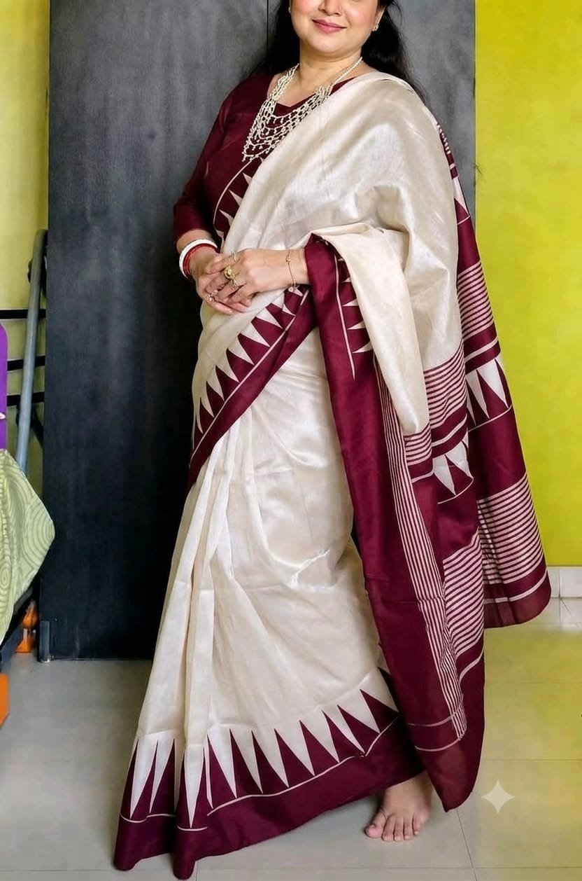 Bishnupuri Handloom Pure Silk Hand Printed Saree 1 Bishnupuri handloom pure silk hand printed saree Cream and Maroon