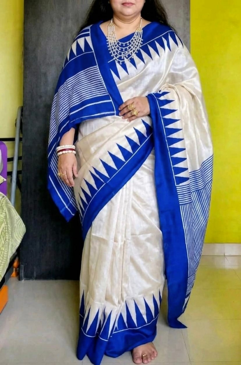 Bishnupuri Handloom Pure Silk Hand Printed Saree 2 Bishnupuri handloom pure silk hand printed saree Cream and Royal Blue