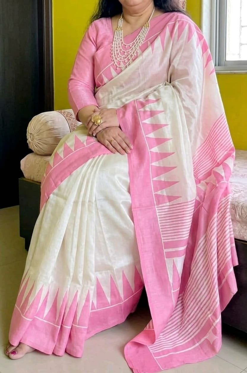 Bishnupuri Handloom Pure Silk Hand Printed Saree 6 Bishnupuri handloom pure silk hand printed saree Cream and Pink