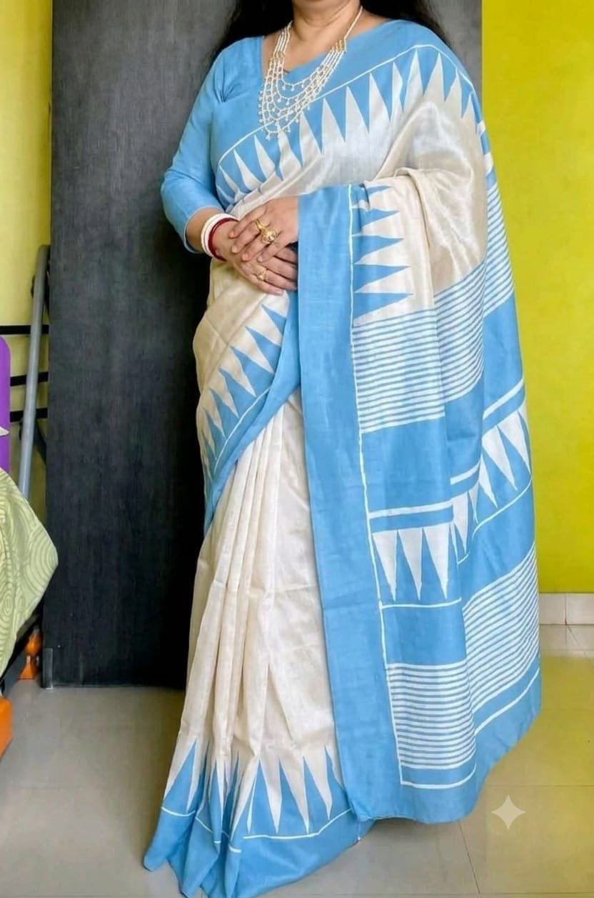 Bishnupuri Handloom Pure Silk Hand Printed Saree 8 Bishnupuri handloom pure silk hand printed saree Cream and Sky Blue