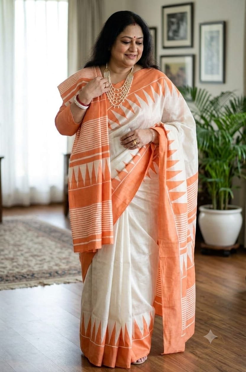 Bishnupuri Handloom Pure Silk Hand Printed Saree 10 Bishnupuri handloom pure silk hand printed saree Cream and Peach