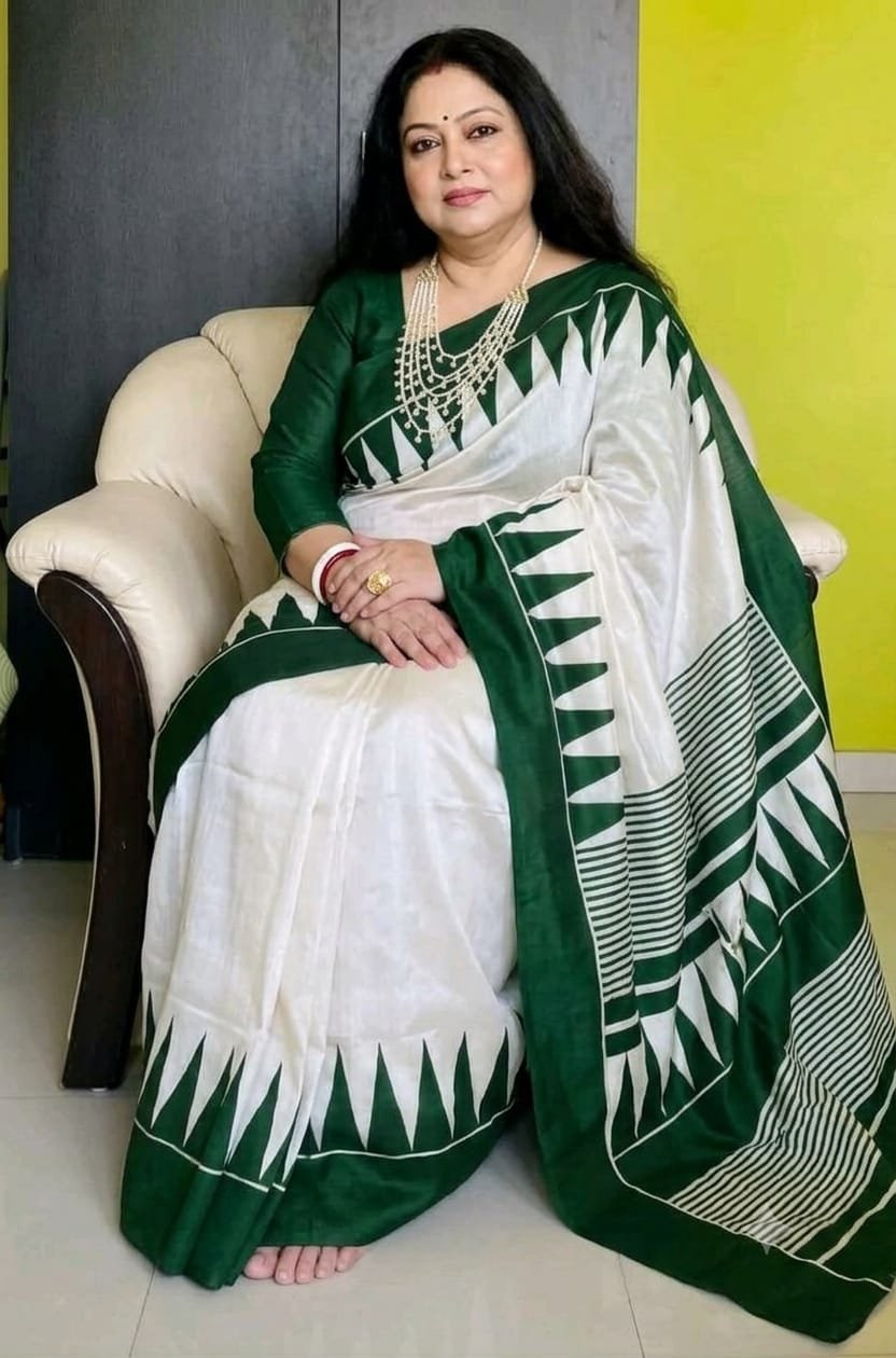 Bishnupuri Handloom Pure Silk Hand Printed Saree 12 Bishnupuri handloom pure silk hand printed saree Cream and Dark Green