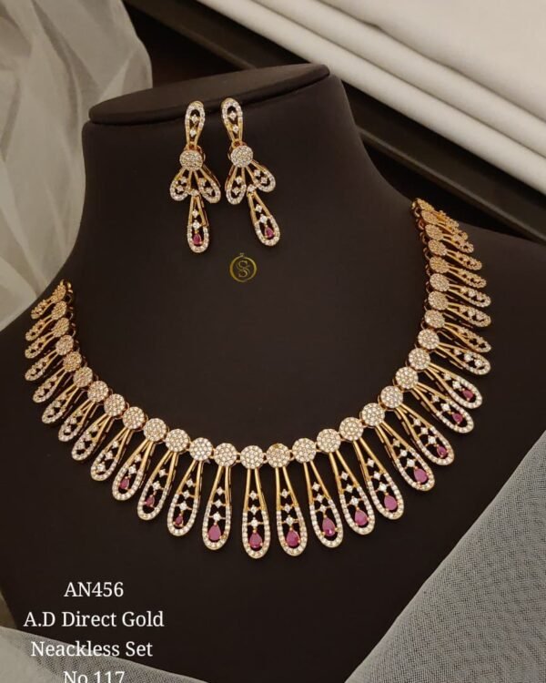 AD Stone Teardrop Necklace Set with white and pink stones and matching earrings